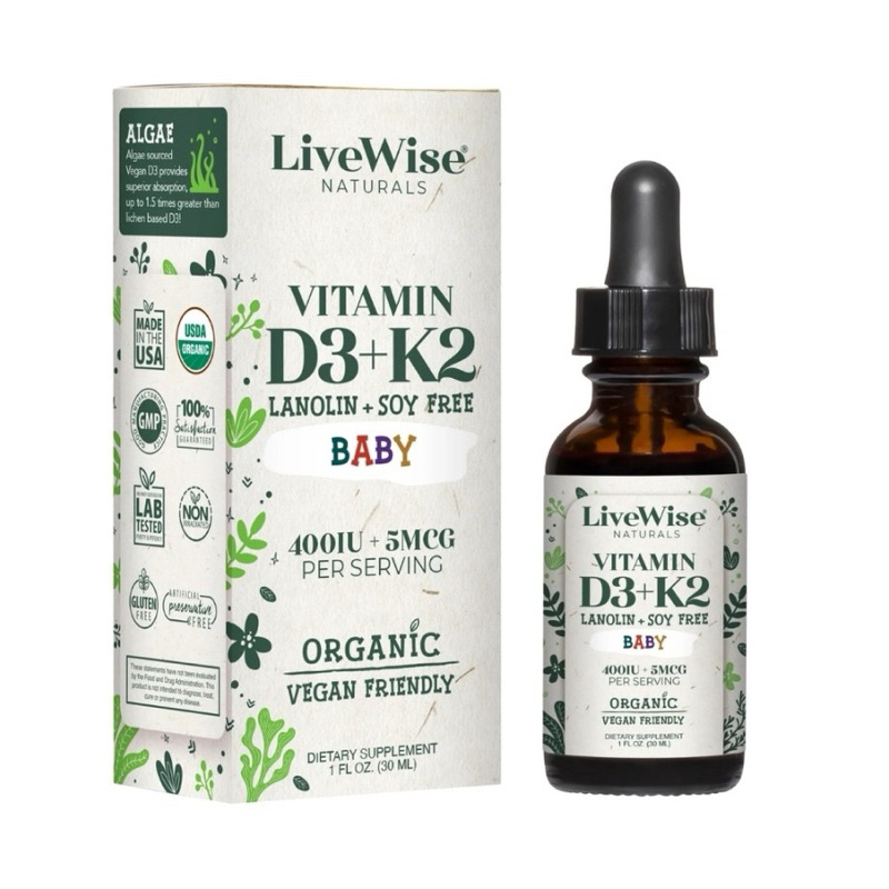Vitamin D3 + K2 Livewise hữu cơ &amp; Thuần chay D3K2 cho bé từ sơ sinh