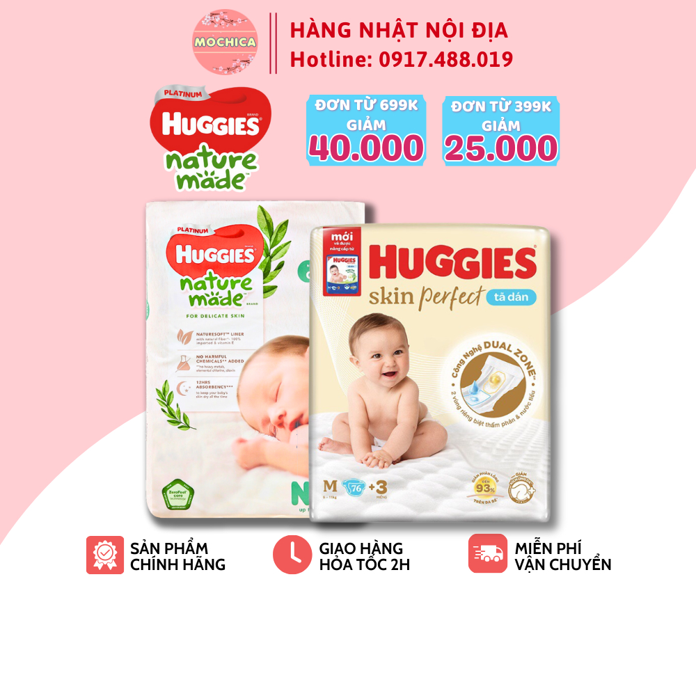 Bỉm HUGGIES siêu cao cấp Platinum Nature Made size M58/L44/XL38/XXL26/S82/NB60 - Mochishop