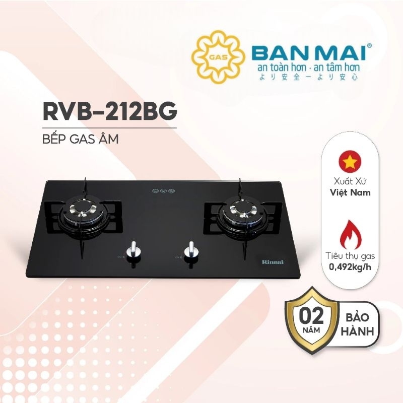 Bếp gas âm Rinnai Rinnai RVB-212BG mặt bếp kính và kiềng bếp men - Hàng chính hãng.