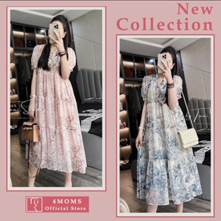  Đầm váy bầu hè thu dáng babydoll suông dài chất voan tơ thoáng mát họa tiết vân hoa nhí - Váy bầu thiết kế 4MOMS824 