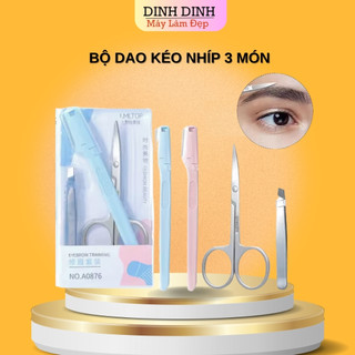 Tỉa lông mày bộ 3 món: Dao cạo lông mày+ kéo tỉa lông mày, cắt lông mũi, kéo cắt mi giả + nhíp nhổ lông, nhíp nhổ tóc