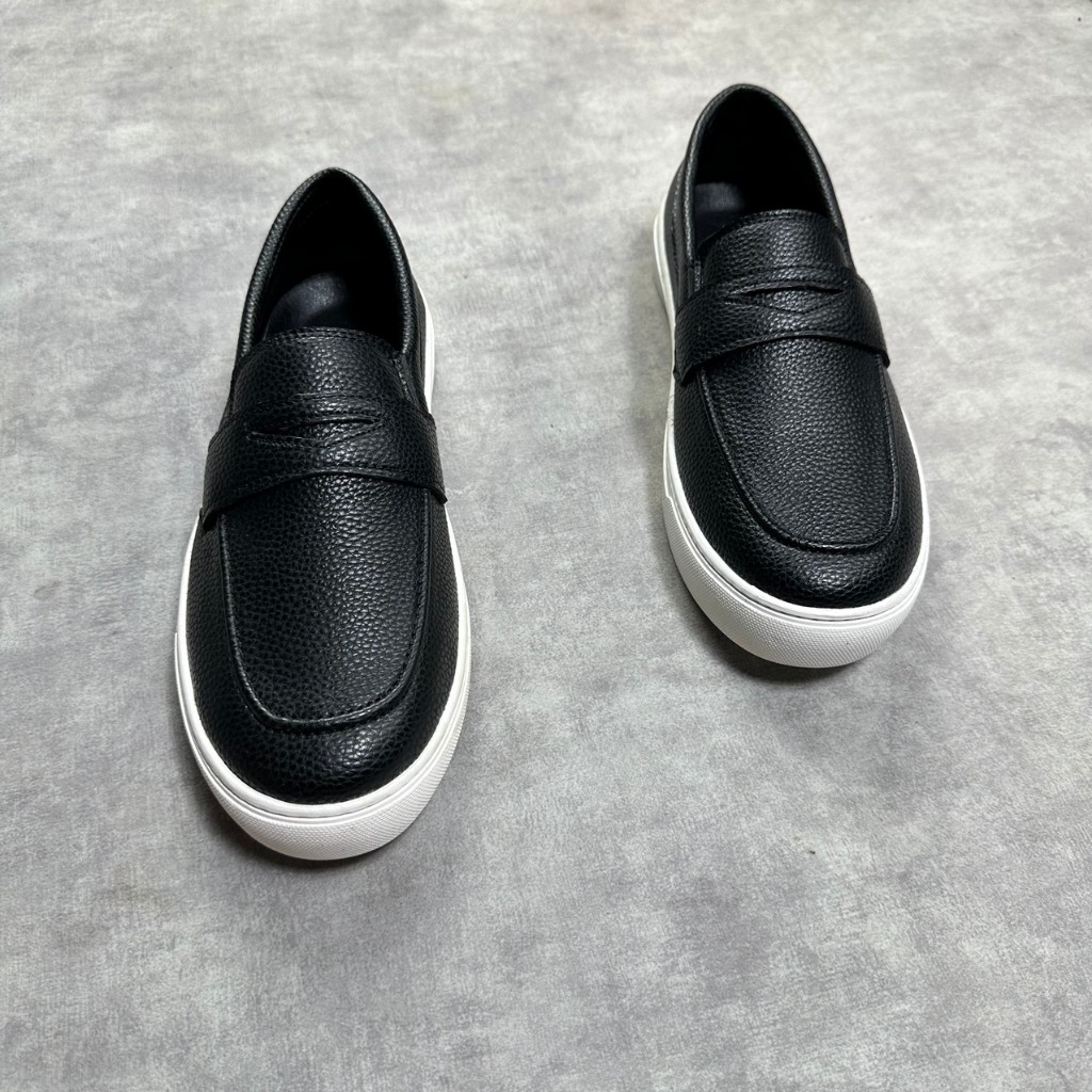 Nevicas giày slipper loafer nam da PU sần đen đế cao su giày nam thời trang