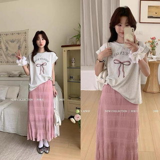 Petbychang - Set áo thun nơ và chân váy dập ly dáng dài