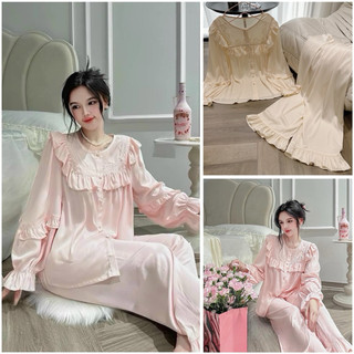 Bộ ngủ mặc nhà pijama tiểu thư lụa Quảng Châu cao cấp bèo cổ