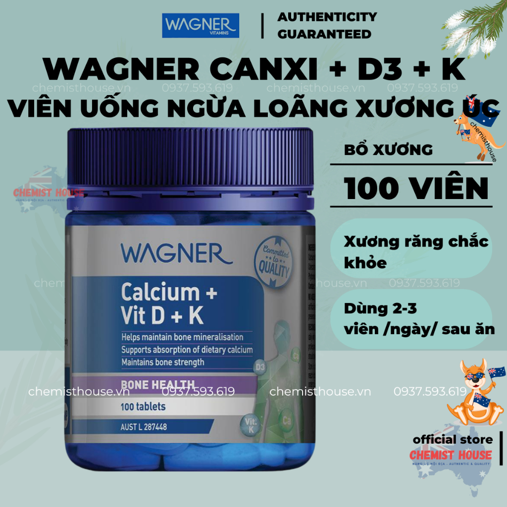 Wagner Calcium + Vitamin D + K Viên Uống Ngừa Loãng Xương Bổ Sung Canxi D3 K Úc 100 Viên