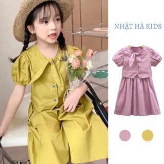 Set váy kèm áo bé gái cổ nơ D2 chất lụa size đại 14 - 45kg