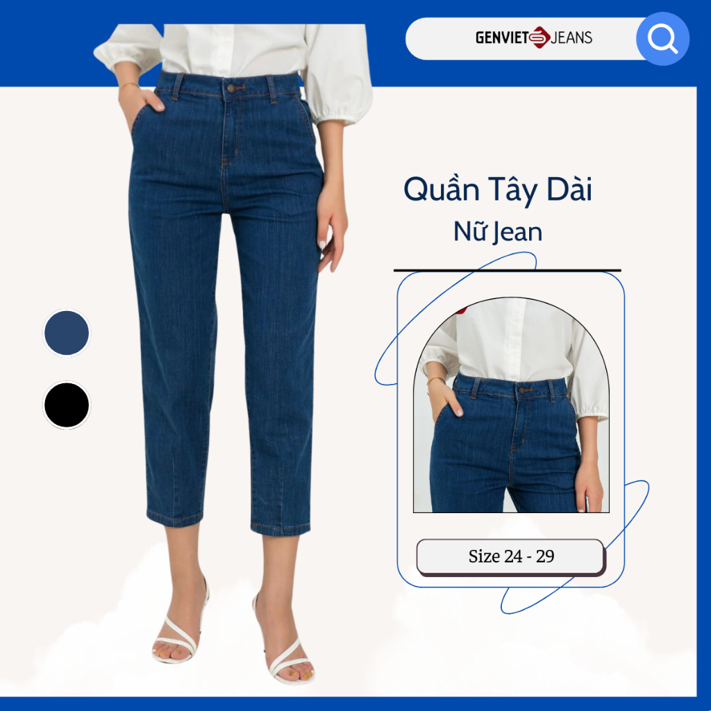 Quần Jeans Nữ Trơn Dáng Baggy Chất Bò Mềm Cao Cấp Basic Cạp Cao Genviet Túi Chéo DQ106J2142