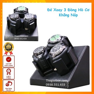 Đế xoay lên cót đồng hồ cơ 3 ngăn không nắp vỏ da vân carbon - đế trưng bày đồng hồ cơ tự quay để trong ngăn kéo bàn