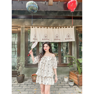 váy trễ vai hạ eo hoa