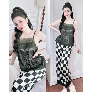 Bộ lụa sexy nữ trúc my < 58kg, bộ 2 dây mặc nhà lụa latin in họa tiết phối ren cột eo, tăng kim loại, quần có túi