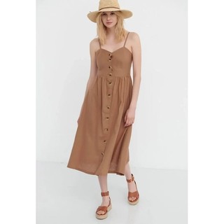 Đầm midi 2 dây phối hàng nút VNXK đầm yếm 2s babydoll xoè vải đũi linen xuất khẩu dư xịn