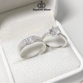 Nhẫn đôi bạc ta duyanh silver nam 2 hàng nữ 6 chấu đính đá bạc thật