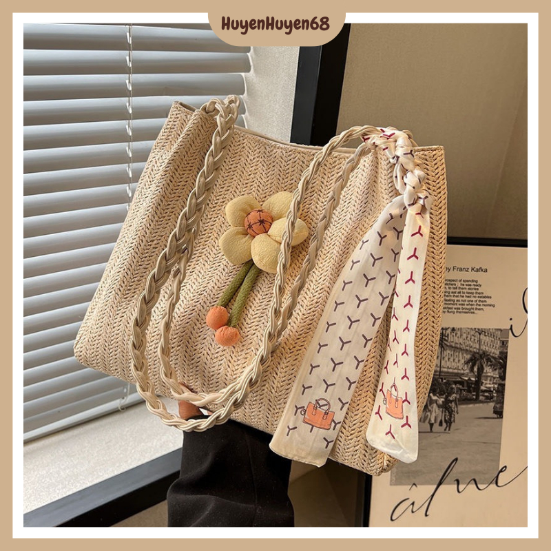 Túi tote đan cói sức chứa lớn thiết kế đính hoa, buộc khăn trẻ trung, sang chảnh, túi đeo chéo nữ đi biển H262