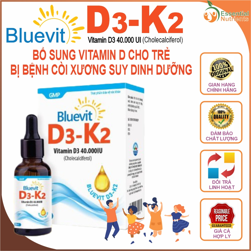 Bluevit vitamin D3 K2 - thực phẩm bổ sung vitamin d3 k2 cho trẻ sơ sinh, trẻ còi xương suy dinh dưỡng | Essential