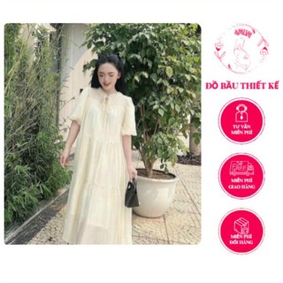 Váy bầu cộc tay cổ buộc nơ dáng babydoll HABU