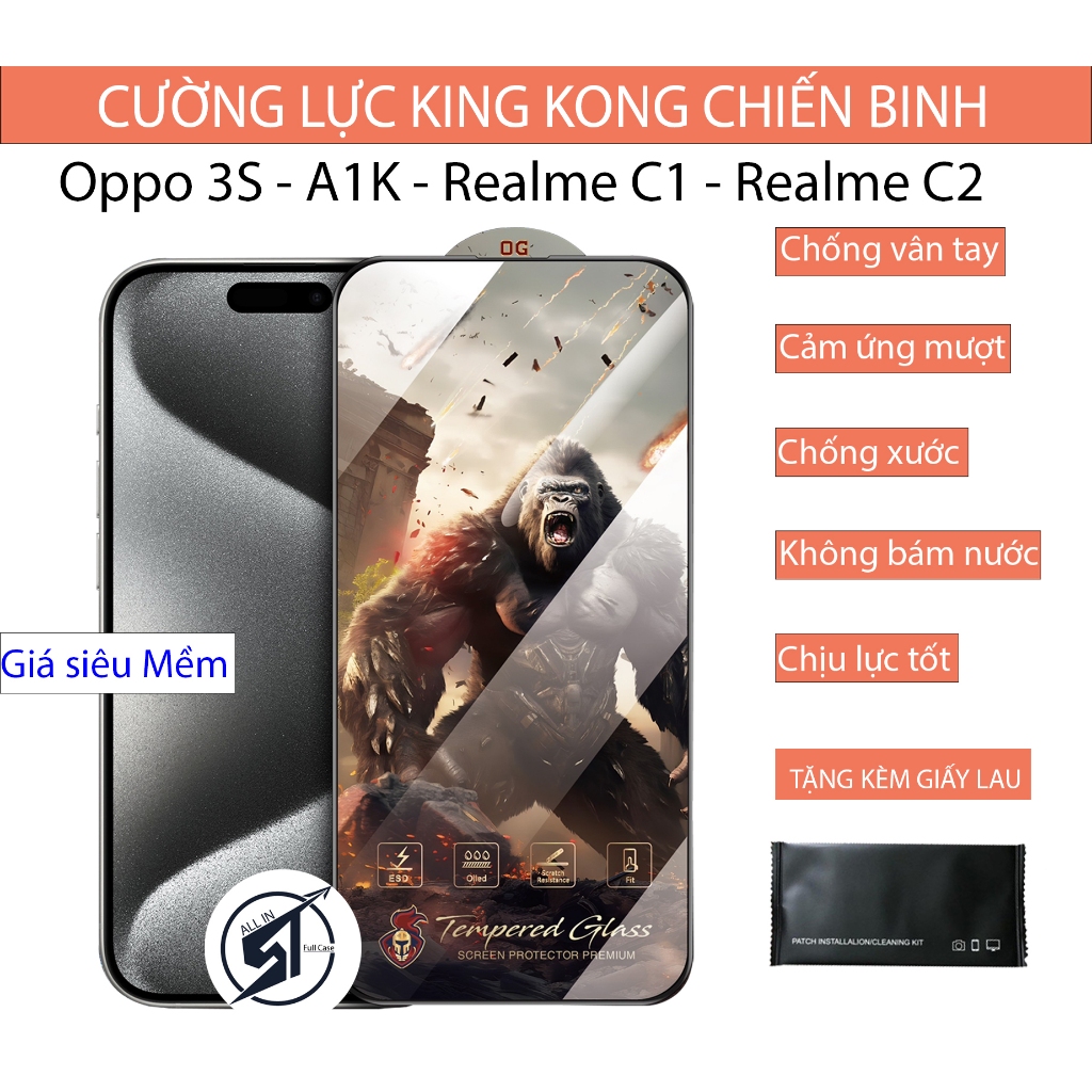 Kính cường lực KingKong Oppo A3S / A1K / Realme C1 / Realme C2 - miếng dán bảo vệ full màn