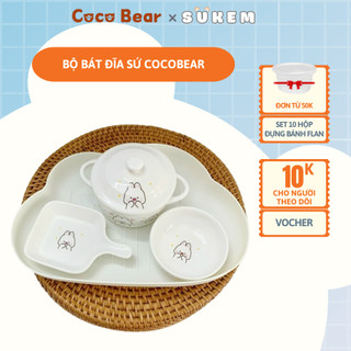 Bộ Bát Đĩa Sứ Cho Bé Coco Bear Kèm Khay Mây Set 4 Món Hoạ Tiết Đáng Yêu Cho Bé Ăn Dặm