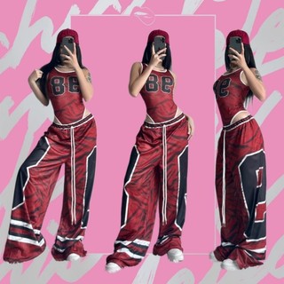 Set Áo bodysuit - quần ống rộng in số 98 phong cách thể thao dành cho nữ