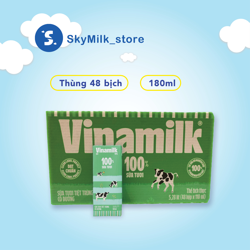 Sữa tiệt trùng có đường VINAMILK 180ml -110ml (1 thùng 48 bịch)