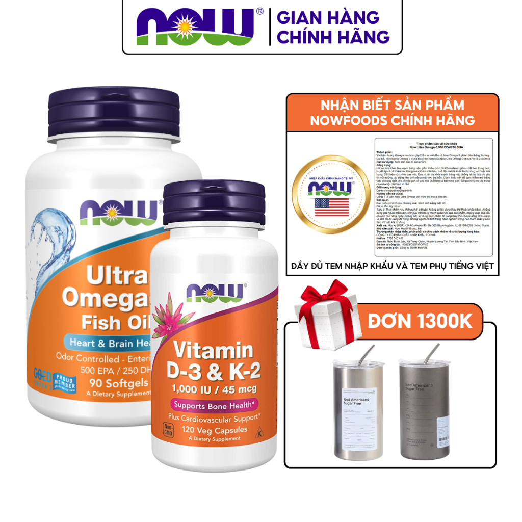 Combo kết hợp toàn diện tốt cho xương khớp, tim và não bộ Now Vitamin D3-K2 1000IU 45mcg + Ultra Omega-3 500 EPA/250 DHA