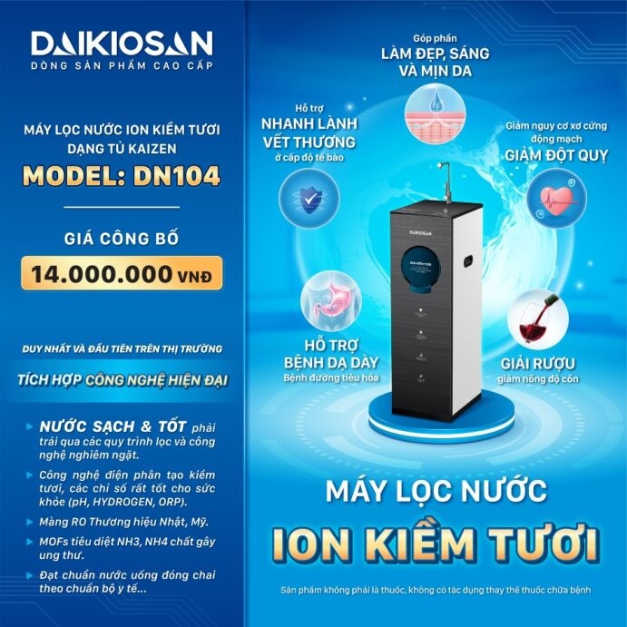 Máy lọc nước ion kiềm tươi Daikiosan DN104 Lấy cảm hứng từ công dụng tuyệt vời của nước ion kiềm Nhậ