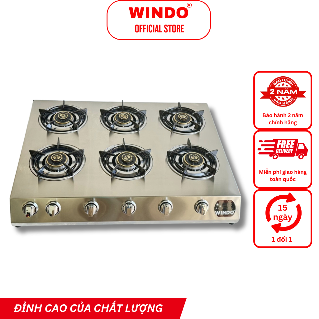 Bếp Gas Công Nghiệp Thấp Áp WINDO - 6 LÒ PHI 80 | Bếp gas 6 lò chuyên mì cay | Tiết kiệm gas