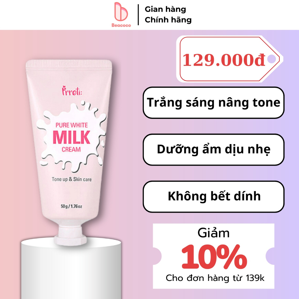 Kem dưỡng trắng nâng tone da mặt Prreti Pure White Milk Cream kem face cấp ẩm sáng da tự nhiên 50g