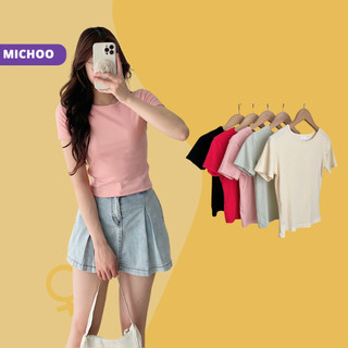 Áo Thun Nữ Cộc Tay Dáng Ôm MICHOO Cổ Tròn Thun Tăm Mát Mặc Hè Nhiều Màu