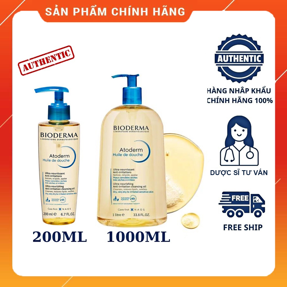 Dầu Tắm Bioderma Atoderm Huile De Douche làm sạch, làm dịu và dưỡng ẩm cho da khô 200ML 1000ML Chính Hãng