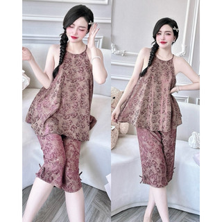 Bộ Lửng Lụa Gấm Trúc My < 62kg, vải lụa gấm 2 da kiểu yếm, quần có túi