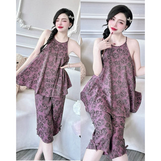 Bộ Lửng Lụa Gấm Trúc My < 62kg, vải lụa gấm 2 da kiểu yếm, quần có túi