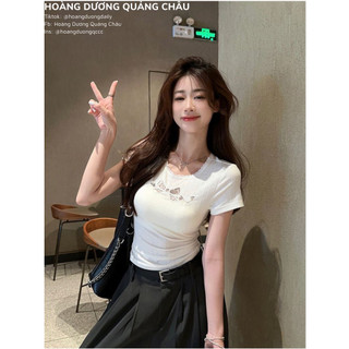 Áo Thun Croptop Tay Ngắn Cổ Tròn Dáng Ôm Phối Lưới Viền Ngực Phong Cách Thời Trang Nữ
