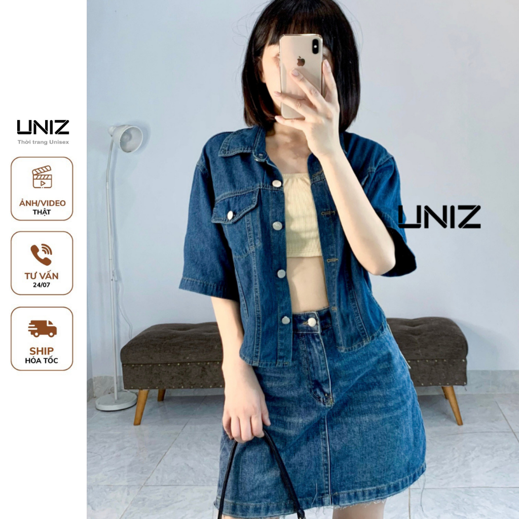 ( Ảnh thật ) Áo jean croptop tay ngắn phối cúc uniz - Aojeancrt7019/P0K17