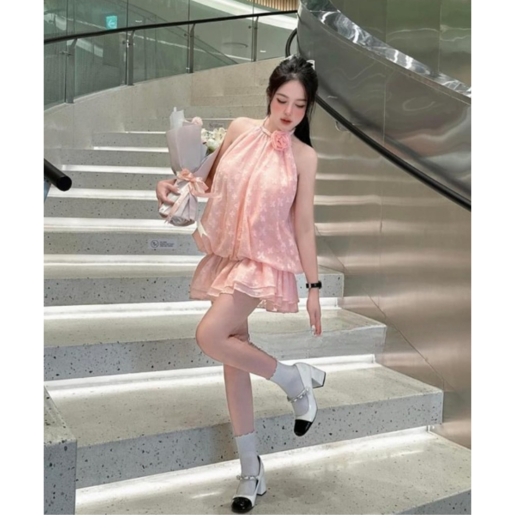 Váy nữ mùa hè PHUONGMOON, thiết kế cổ yếm phối hoa chân xòe có quần lót trong