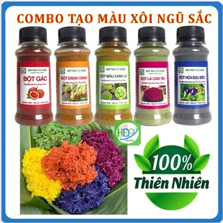 Bột tạo màu xôi ngũ sắc đẹp 100% từ tự nhiên: gấc, lá cẩm, dành dành, xanh lá, hoa đậu biếc