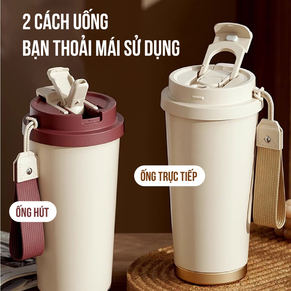 Ly giữ nhiệt tráng sứ cà phê dung tích 530ml, thiết kế mới tối giản, tiện lợi có ống hút | BigBuy360 - bigbuy360.vn