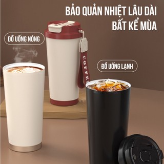 Ly giữ nhiệt tráng sứ cà phê dung tích 530ml, thiết kế mới tối giản, tiện lợi có ống hút