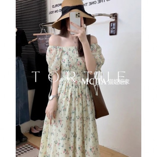 [Sẵn] V353 Đầm váy voan dài bẹt vai hoa lá tiểu thư nhẹ nhàng hè phong cách Pháp Retro Vintage Taobao mới 2024