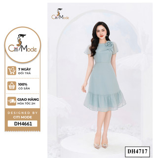 Đầm công sở CITI MODE FASHION thiết kế dáng xòe xanh rủ ngực đính hoa vai DH4717