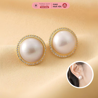 Bông Tai Ngọc Trai Nước Mặn Mabe 13-14ly Khung Bạc Mạ Vàng Tinh Tế - Ngọc Trai Trường Thịnh