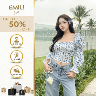 Áo trễ vai họa tiết hoa tay bồng Emili, áo cúp ngực dài tay phong cách 