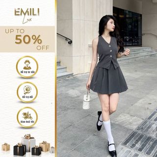 Set váy cổ vest Emili set váy ngắn dáng xòe phối nơ kiểu nữ 