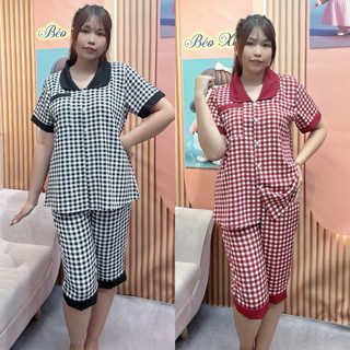 Đồ Bộ Pirama Quần Lững Tay Ngắn Cô Bẻ ,Dành Cho Nữ Bigsize 60-95kg, Hoạ Tiết Caro,Chất Liệu Lụa Mịn Mát