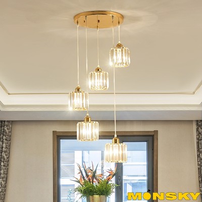 Bộ 5 đèn thả khối pha lê MONSKY LOMA trang trí nhà, quán cafe, đế tròn chung kèm bóng LED (7709/5)