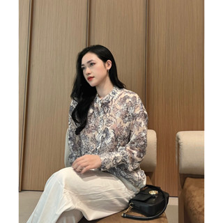 Áo sơ mi lụa nữ Camille áo sơ mi lụa kiểu hoa organza tay dài cúc ngọc trai chất vải cao cấp freesize