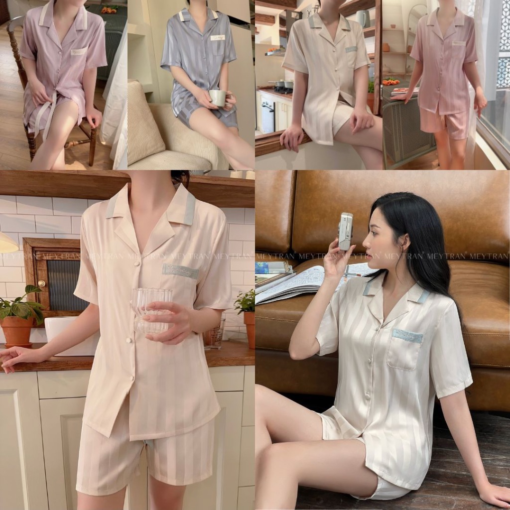 BỘ ĐỒ NGỦ PIJAMA LỤA ĐÙI TAY NGẮN QUẦN NGẮN HOA TIẾT KẺ SỌC CAO CẤP MEY TRẦN