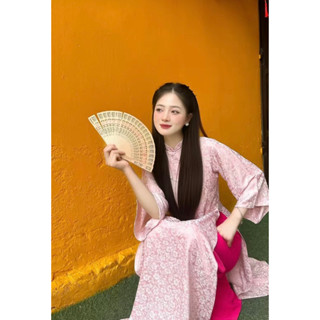 Áo dài gấm Liên Hoa màu hồng phấn (sẵn)