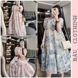 Đầm bầu công sở dự tiệc v824 voan tơ hoa cao cấp mềm mát cổ v dáng dài sang chảnh - đầm váy bầu công sở dự tiệc điệu đà