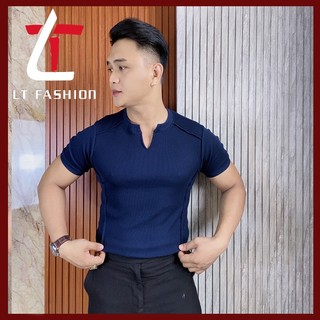 Áo thun nam cổ xẻ xếp ly phá cách thun gân dày form body tôn dáng Lt Fashion