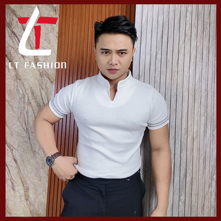 Áo thun nam cổ xẻ đứng cotton thun gân dày cao cấp from ôm body tôn dáng LT FASHION